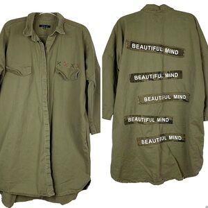 Fiore Long Button-Front Shirt Dress Back Patches Olive Green